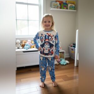 Girls Gnome Pajama Set 5–6Y Blue Two Piece Holiday Sleepwear